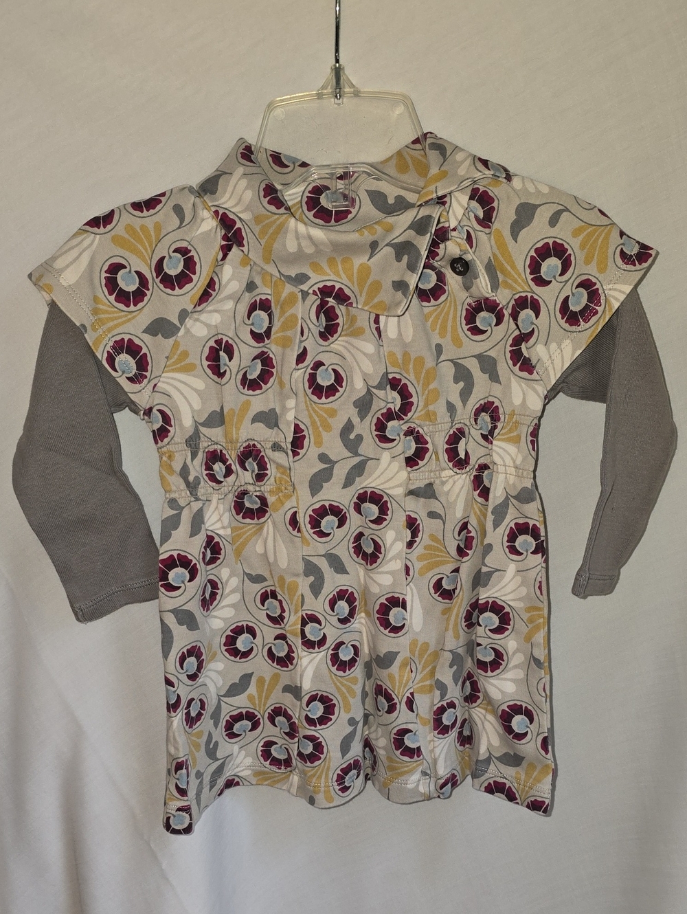 Girls' Floral Print Layered-Look Long Sleeve Tunic in Gray and Burgundy